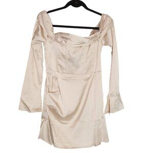 PrettyLittleThing Champange Satin Bardot Flared Sleeve Shift Dress UK 10 US 6
